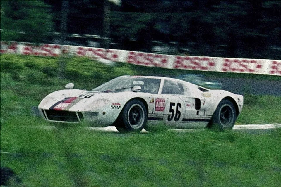 A Ford GT40 sliding through a corner at the 24 Hours of Le Mans, 1969.